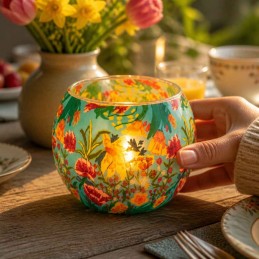 Portavela globo luminiscente Flores Tropicales sostenido en la mano