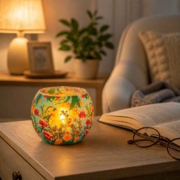 Portavela globo luminiscente Flores Tropicales en el salón con ambiente acogedor